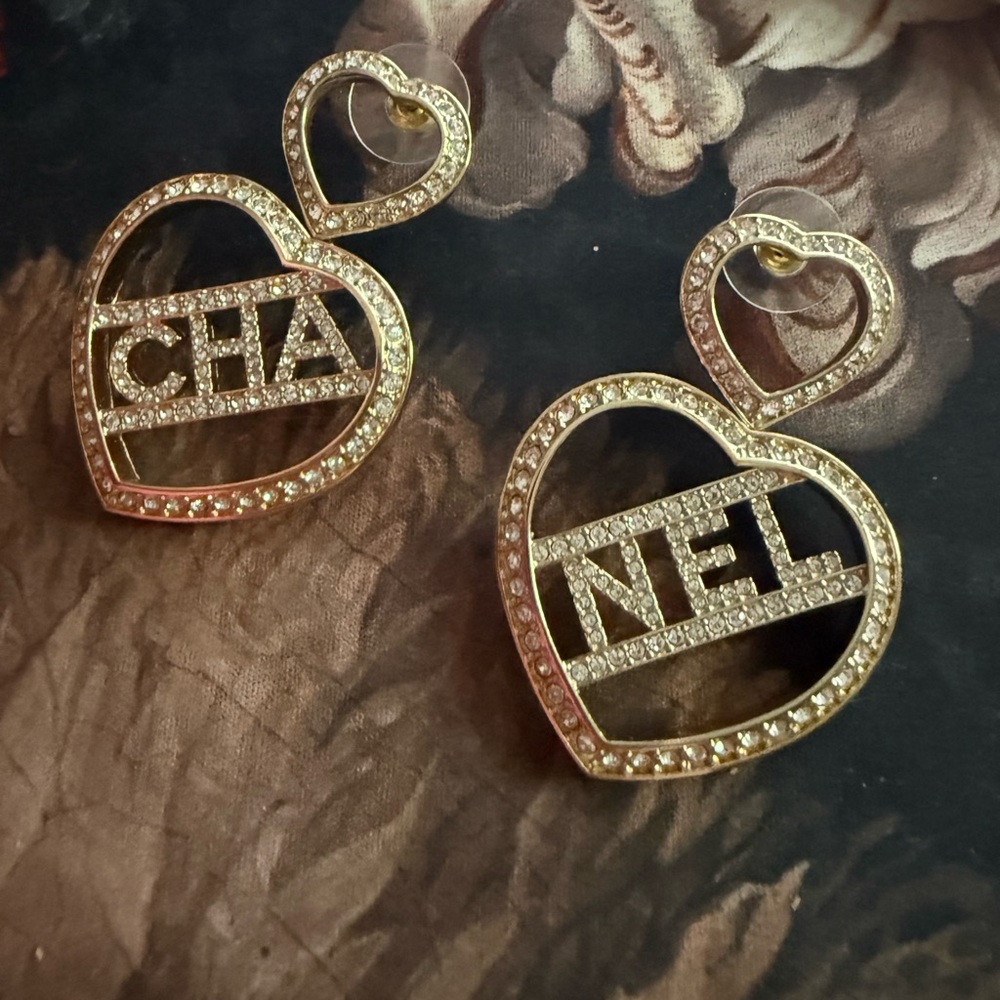 CHANEL Gold Heart Earrings logo EUC - Picture 2 of 5